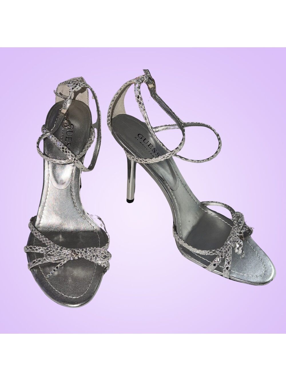 2007 Guess by Marciano Silver Snakeskin Bow Strappy Stiletto Heels 9.5 M Box